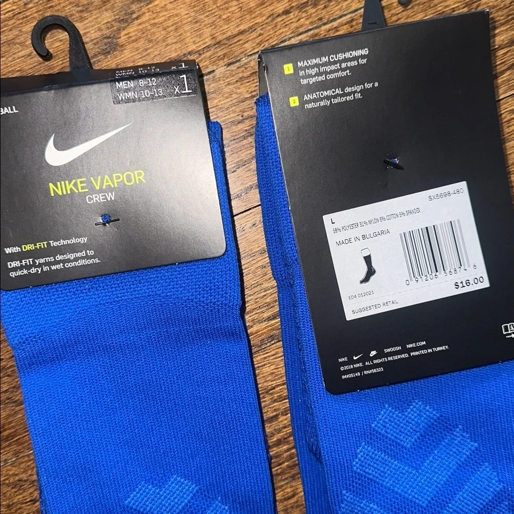 NIKE Vapor Crew Football Sock w/DRI-FIT Tech Blue - Large 2Pairs NEW